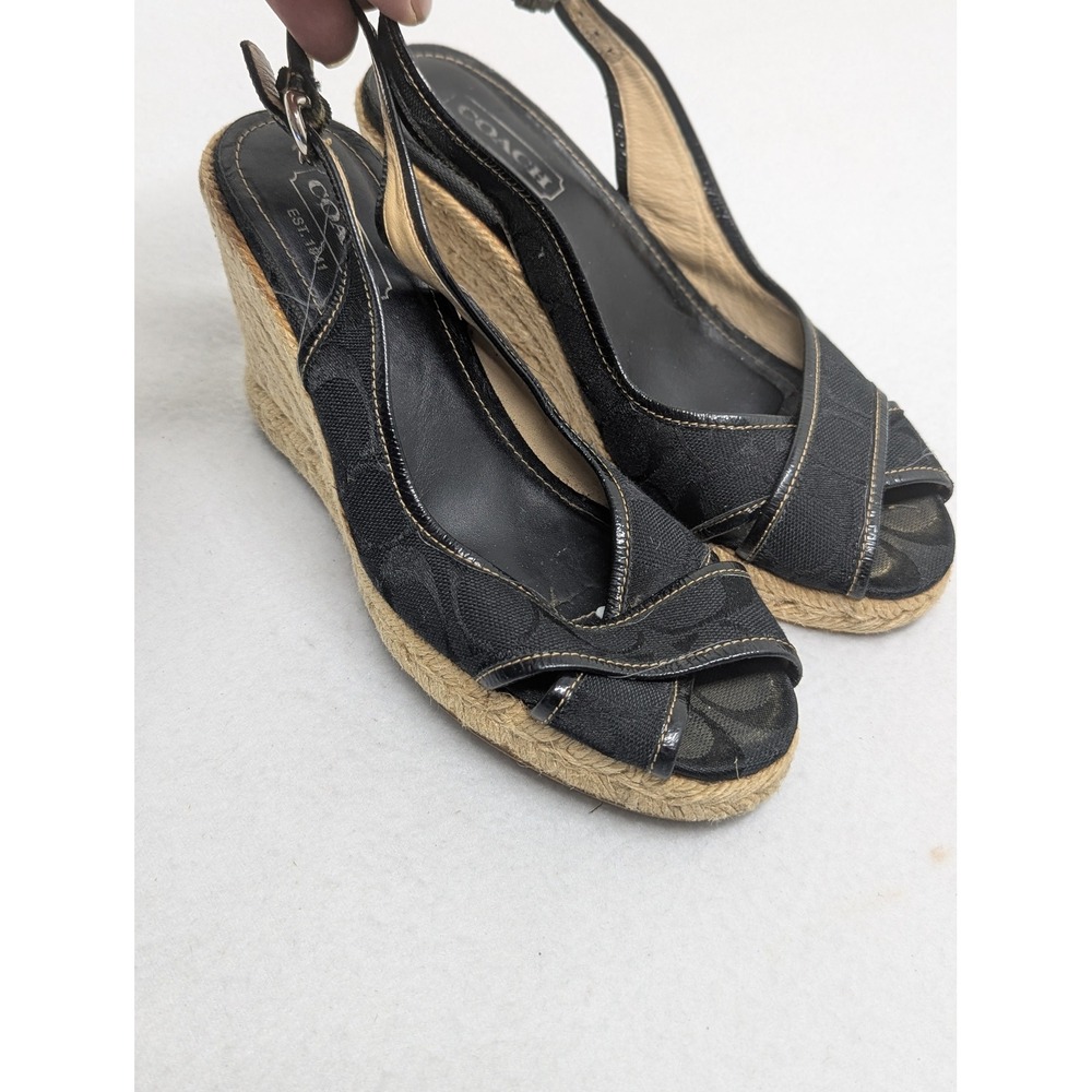 Coach Kara Black Signature Monogram Espadrille Wedge Sandals Peep Toe 7B